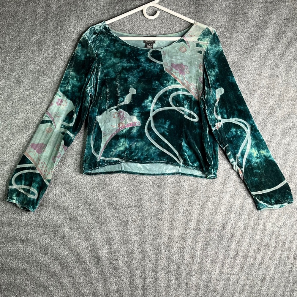 Citron Santa Monica Silk Blend Velvet Teal Green Floral Graphic Top Small